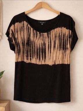 B.L.E.U. Black and Tan Tie-Dye Scoop Neck Jersey Knit Size Medium